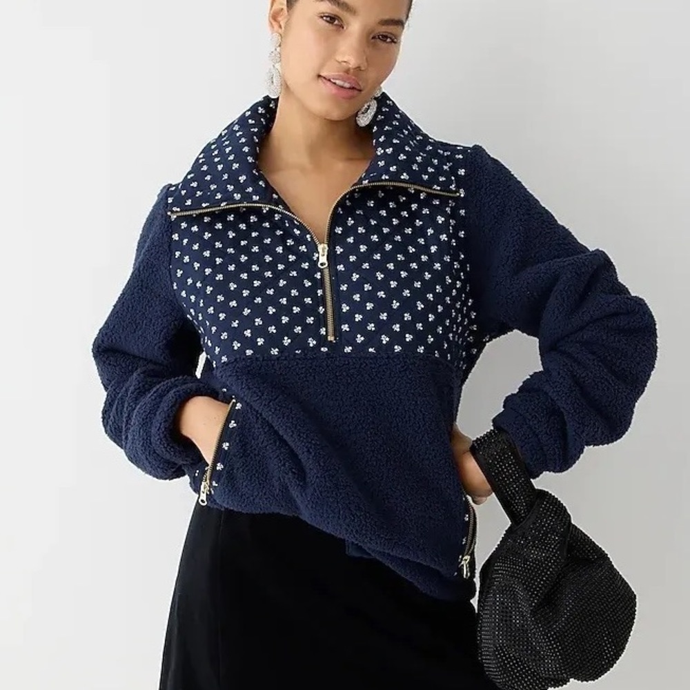 J. Crew Quilted Sherpa Fleece Half-Zip Pullover in Print Size Small Women’s